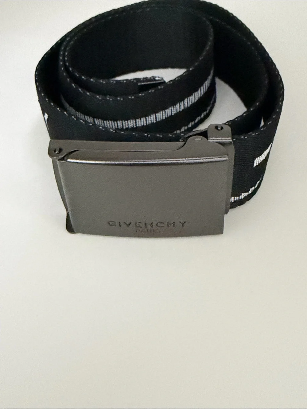 Givenchy Black Webbing Belt with Gunmetal Buckle and White Stripe